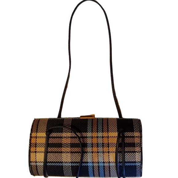 Rare Vintage Minaudière Snap Close Hard Body Bag: Blue, Black, Gold, Tan Plaid - Picture 2 of 12